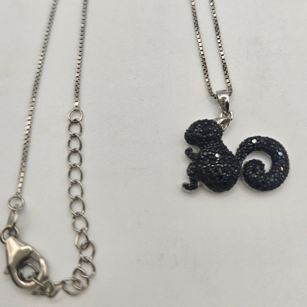 Sterling Silver  DK Black Spinel Squirrel  18" Chain 2" Extender